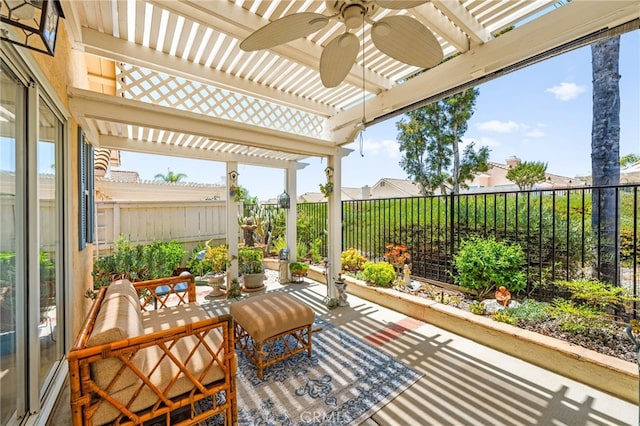 23974 Via Astuto, Murrieta, CA 92562 - fenced backyard featuring a pergola, a ceiling fan, and a patio area