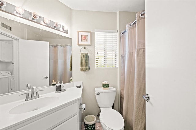 23974 Via Astuto, Murrieta, CA 92562 - full bathroom featuring washing machine and dryer, vanity, and a shower with shower curtain