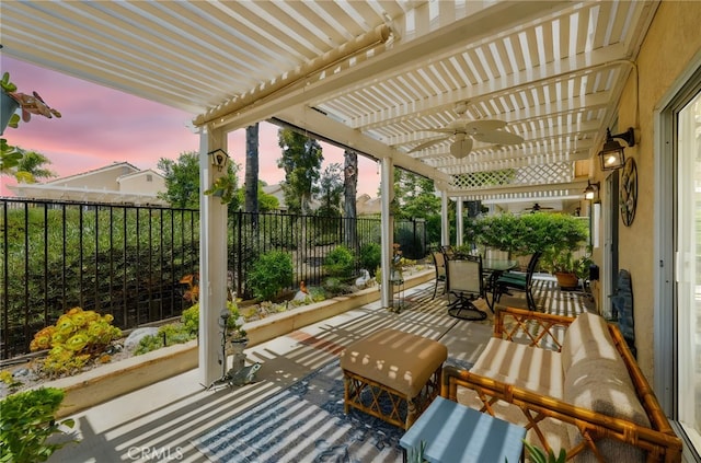 23974 Via Astuto, Murrieta, CA 92562 - fenced backyard with outdoor dining space, ceiling fan, a patio, and a pergola