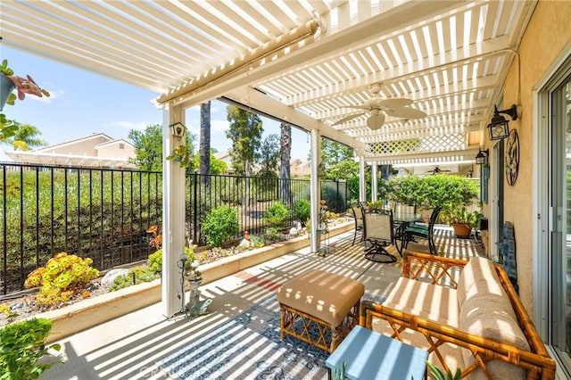 23974 Via Astuto, Murrieta, CA 92562 - fenced backyard featuring outdoor dining space, ceiling fan, a patio area, and a pergola