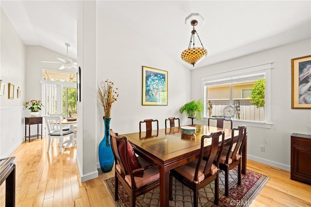 23974 Via Astuto, Murrieta, CA 92562 - dining space featuring vaulted ceiling, light wood-type flooring, and a ceiling fan