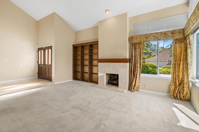4750 Jeffer Ln, La Mesa, CA 91941 - unfurnished living room with light colored carpet, a fireplace, and high vaulted ceiling
