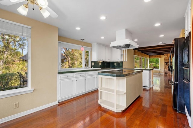 4750 Jeffer Ln, La Mesa, CA 91941 - kitchen with exhaust hood, open shelves, white cabinetry, a kitchen island, and recessed lighting