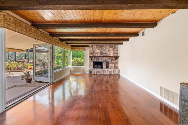 4750 Jeffer Ln, La Mesa, CA 91941 - unfurnished living room with hardwood / wood-style floors, a fireplace, and a wooden ceiling with exposed beams