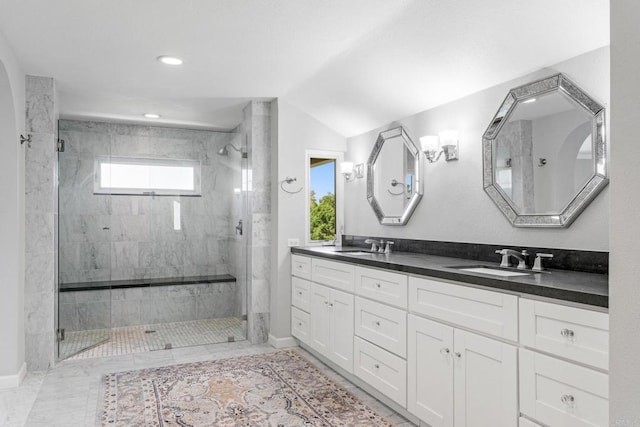 4750 Jeffer Ln, La Mesa, CA 91941 - full bathroom featuring a stall shower, double vanity, vaulted ceiling, and recessed lighting