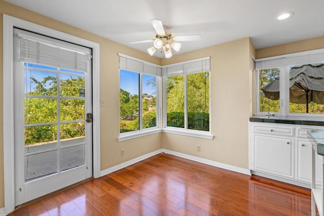 4750 Jeffer Ln, La Mesa, CA 91941 - unfurnished dining area with plenty of natural light, hardwood / wood-style floors, ceiling fan, and recessed lighting