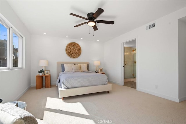 16743 Bayview Dr Unit A, Sunset Beach, CA 90742 - carpeted bedroom with ensuite bathroom, recessed lighting, and a ceiling fan
