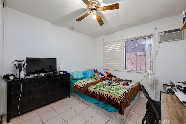 13848 Golden Eagle Ct, Moreno Valley, CA 92553 - bedroom featuring a wall mounted air conditioner, light tile patterned floors, and ceiling fan