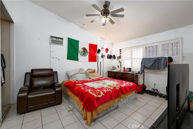 13848 Golden Eagle Ct, Moreno Valley, CA 92553 - bedroom with light tile patterned flooring, lofted ceiling, an AC wall unit, and ceiling fan
