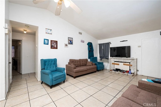 13848 Golden Eagle Ct, Moreno Valley, CA 92553 - living room with lofted ceiling, light tile patterned flooring, and ceiling fan