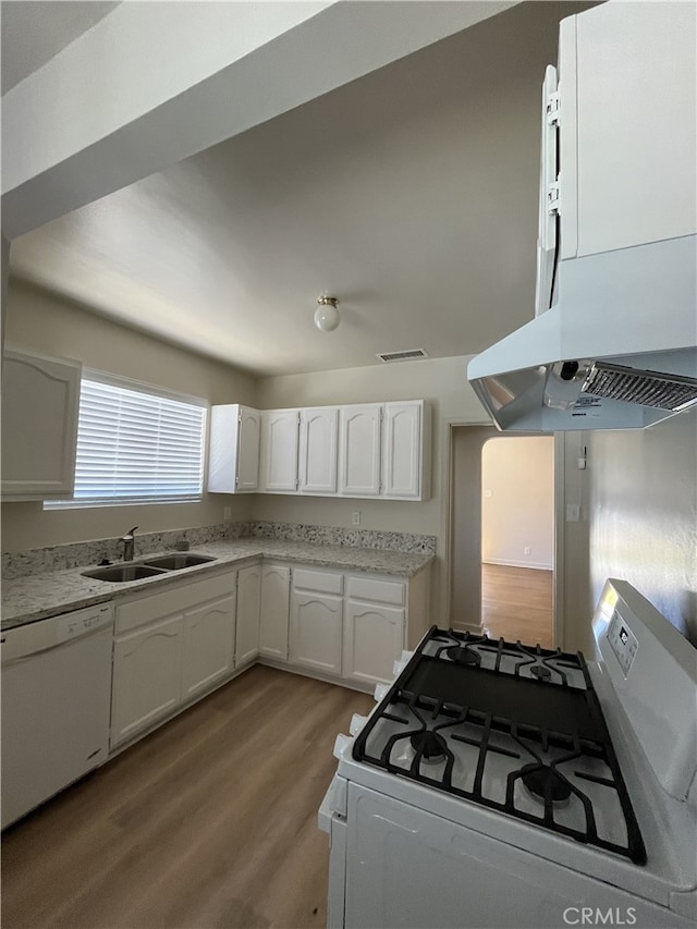10563 Las Lunitas Ave, Tujunga, CA 91042 - kitchen featuring white appliances, extractor fan, light wood-style floors, and white cabinetry