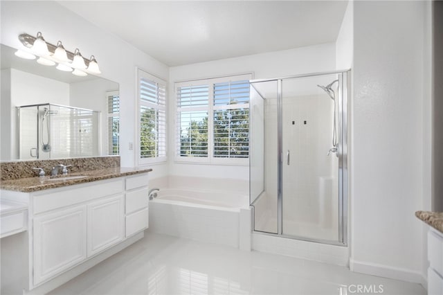 23825 Lancer Ct, Wildomar, CA 92595 - full bathroom featuring vanity, a shower stall, a bath, and tile patterned floors