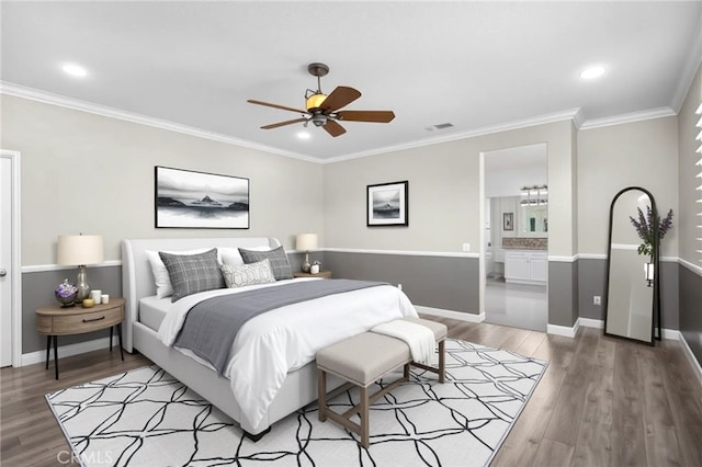 23825 Lancer Ct, Wildomar, CA 92595 - bedroom featuring light wood-style flooring, crown molding, recessed lighting, ensuite bathroom, and a ceiling fan