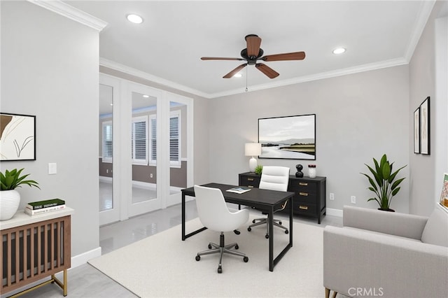 23825 Lancer Ct, Wildomar, CA 92595 - office space with french doors, a ceiling fan, recessed lighting, and ornamental molding