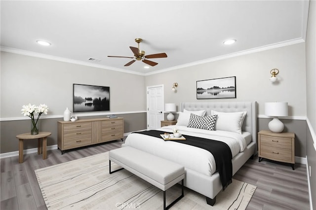 23825 Lancer Ct, Wildomar, CA 92595 - bedroom with light wood finished floors, recessed lighting, crown molding, and ceiling fan