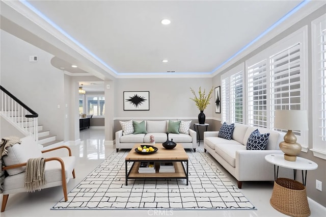 23825 Lancer Ct, Wildomar, CA 92595 - living area with plenty of natural light, ornamental molding, stairs, and recessed lighting