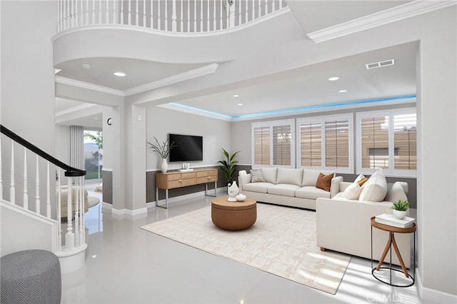 23825 Lancer Ct, Wildomar, CA 92595 - tiled living area featuring ornamental molding, stairs, and recessed lighting