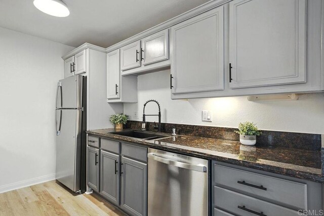 5252 Orange Ave Unit 326, San Diego, CA 92115 - kitchen with appliances with stainless steel finishes, gray cabinets, light wood-type flooring, and dark stone countertops