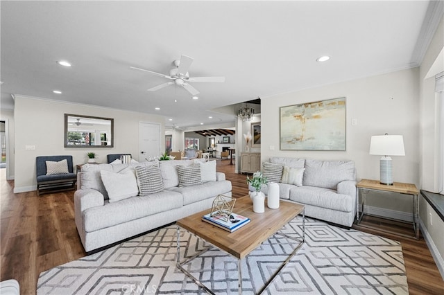 2777 Shadow Canyon Cir, Norco, CA 92860 - living room featuring a ceiling fan, crown molding, wood finished floors, and recessed lighting