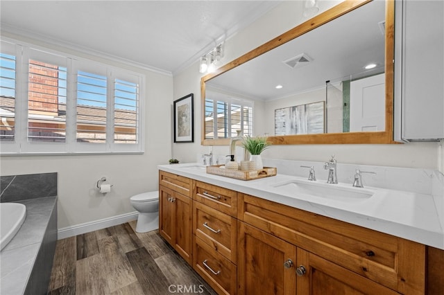 2777 Shadow Canyon Cir, Norco, CA 92860 - full bathroom with ornamental molding, double vanity, a bath, wood finished floors, and a shower