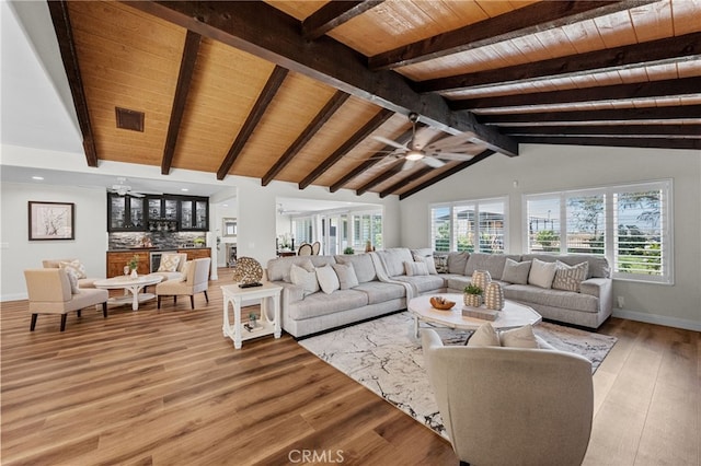 2777 Shadow Canyon Cir, Norco, CA 92860 - living area with ceiling fan, wood ceiling, plenty of natural light, and light wood-style floors