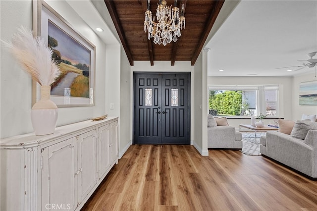 2777 Shadow Canyon Cir, Norco, CA 92860 - entrance foyer featuring light wood-style floors, a chandelier, a ceiling fan, recessed lighting, and wood ceiling