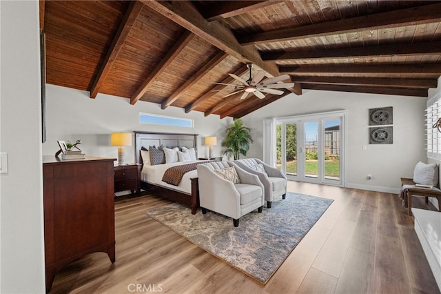 2777 Shadow Canyon Cir, Norco, CA 92860 - bedroom featuring wood ceiling, access to exterior, light wood-type flooring, and ceiling fan