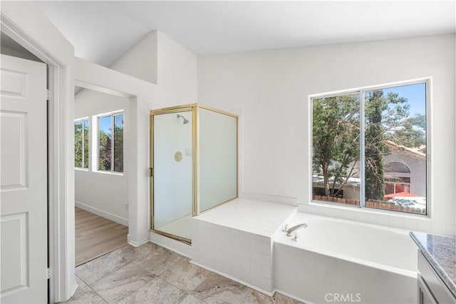 39524 Hawthorne St, Palmdale, CA 93551 - full bath with a bath, a shower stall, vanity, and vaulted ceiling