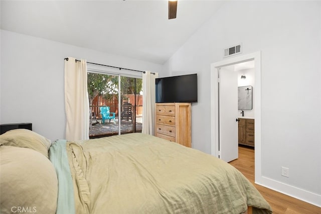 7 Via Olorosa, Rancho Santa Margarita, CA 92688 - bedroom with access to outside, wood finished floors, high vaulted ceiling, ensuite bathroom, and a ceiling fan