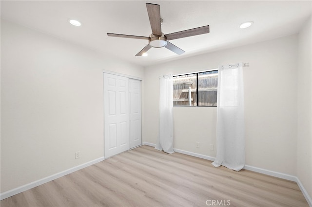 33771 Copper Lantern St, Dana Point, CA 92629 - unfurnished bedroom featuring light wood-style floors, recessed lighting, a closet, and a ceiling fan
