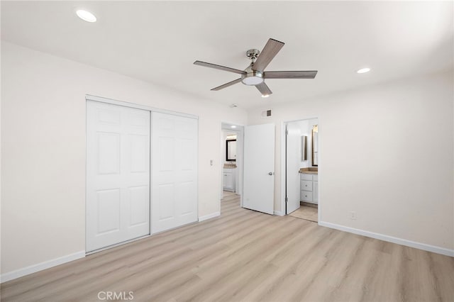 33771 Copper Lantern St, Dana Point, CA 92629 - unfurnished bedroom with light wood-style floors, a closet, recessed lighting, ensuite bath, and a ceiling fan