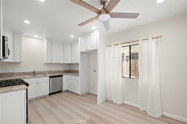 33771 Copper Lantern St, Dana Point, CA 92629 - kitchen with appliances with stainless steel finishes, light wood-type flooring, recessed lighting, a ceiling fan, and white cabinets