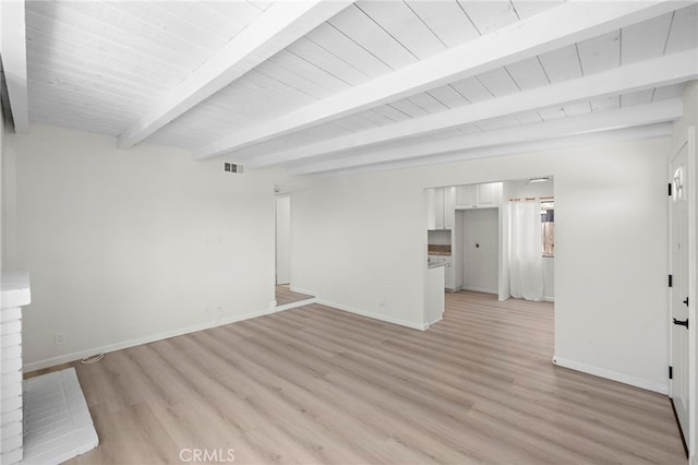 33771 Copper Lantern St, Dana Point, CA 92629 - unfurnished living room with light wood-style flooring and a wooden ceiling with exposed beams