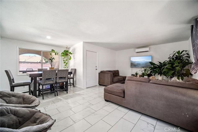 43926 3rd St E, Lancaster, CA 93535 - living room featuring light marble finish floors and a wall mounted air conditioner
