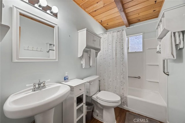 130 Maple Ln, Sugarloaf, CA 92386 - bathroom with a wood ceiling with exposed beams, wood finished floors, and shower / bath combo with shower curtain