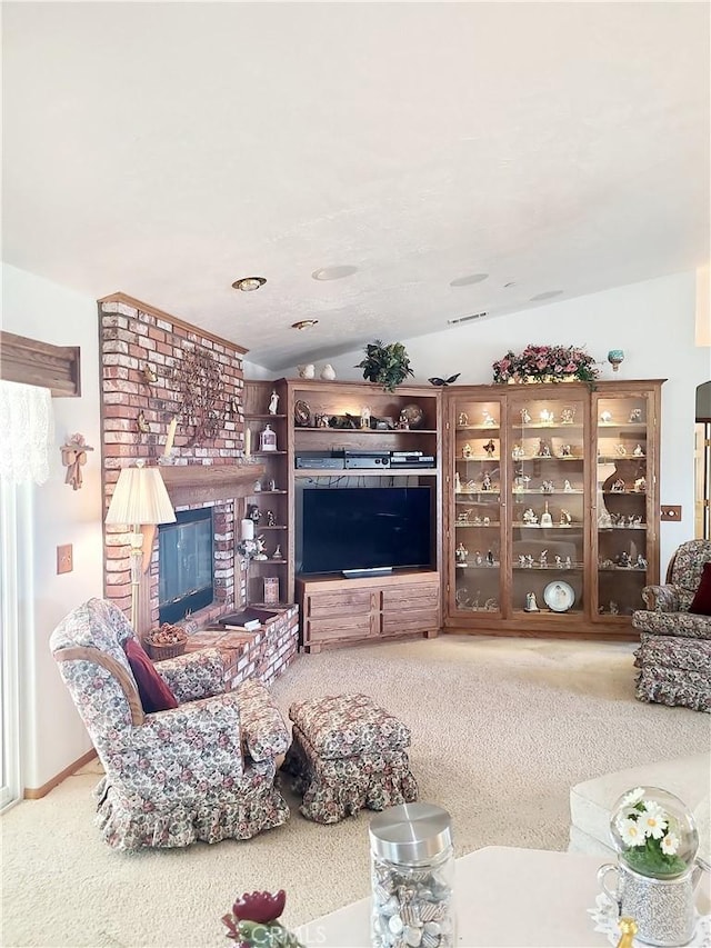 325 Canyon Rd, Pinon Hills, CA 92372 - carpeted living area featuring vaulted ceiling and a fireplace