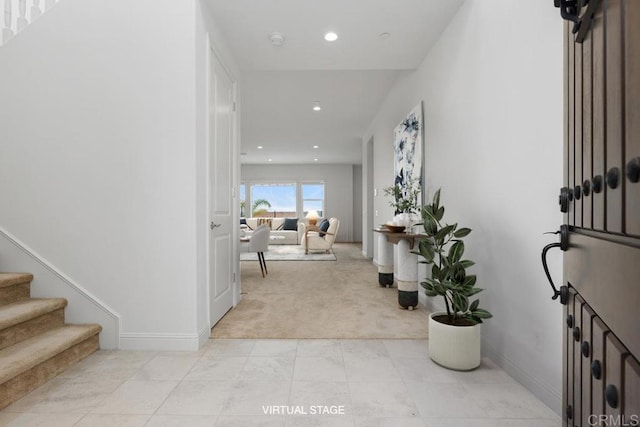 2527 Wellspring St, Carlsbad, CA 92010 - entrance foyer with light colored carpet, stairway, recessed lighting, and light tile patterned floors