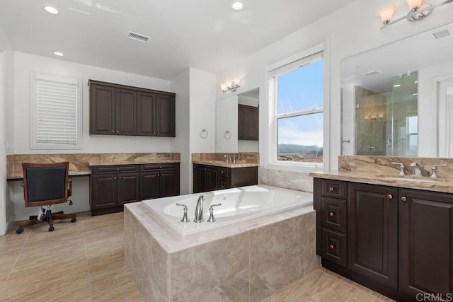 2527 Wellspring St, Carlsbad, CA 92010 - bathroom featuring a bath, a shower stall, two vanities, tile patterned flooring, and recessed lighting