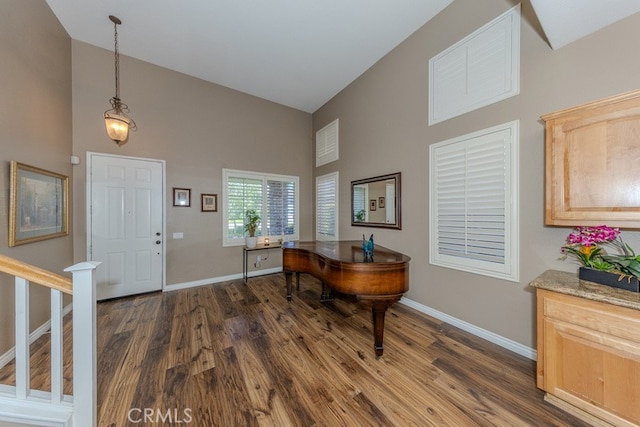 20770 Stony Brook Cir, Riverside, CA 92508 - foyer entrance featuring dark wood finished floors, high vaulted ceiling, and stairway