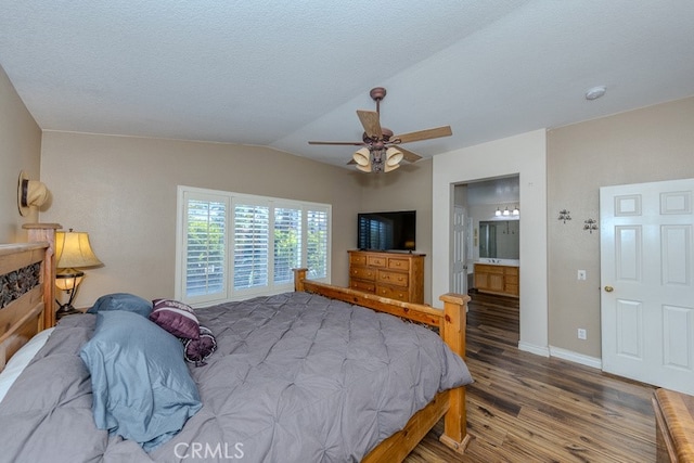 20770 Stony Brook Cir, Riverside, CA 92508 - bedroom featuring wood finished floors, vaulted ceiling, a ceiling fan, and connected bathroom
