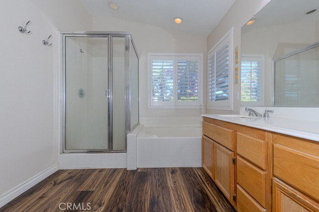 20770 Stony Brook Cir, Riverside, CA 92508 - bathroom with plenty of natural light, a shower stall, a garden tub, vaulted ceiling, and recessed lighting