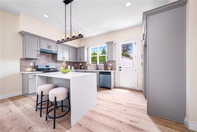 2709 Cogswell Rd Unit A, El Monte, CA 91732 - kitchen with gray cabinets, a breakfast bar area, decorative backsplash, and recessed lighting