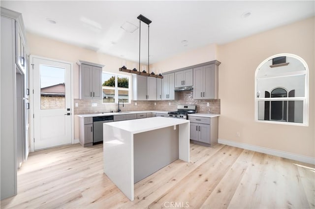 2709 Cogswell Rd Unit B, El Monte, CA 91732 - kitchen with gray cabinetry, decorative backsplash, and light wood-type flooring