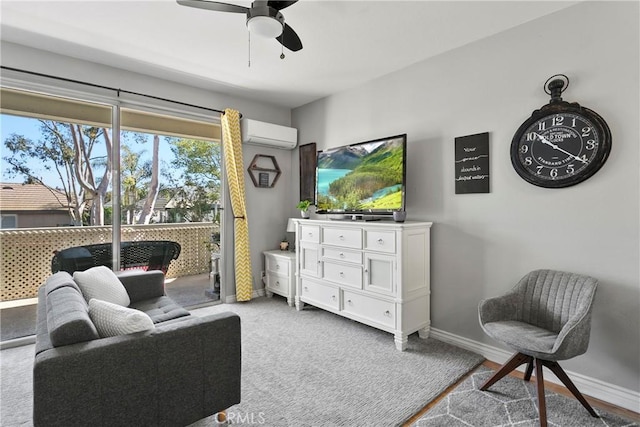 20191 Cape Coral Ln Unit 3-206, Huntington Beach, CA 92646 - living area with a wall mounted AC, a ceiling fan, and carpet floors