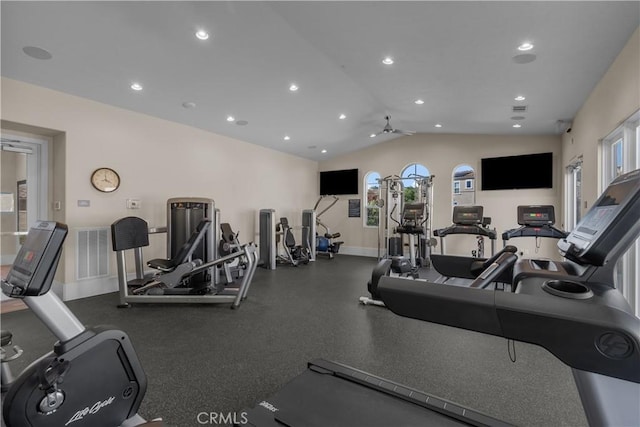 20552 Galloway, Saugus, CA 91350 - workout area featuring lofted ceiling, a ceiling fan, and recessed lighting