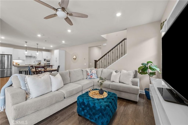 20552 Galloway, Saugus, CA 91350 - living area with a ceiling fan, dark wood-type flooring, recessed lighting, and stairs