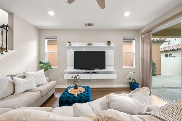 20552 Galloway, Saugus, CA 91350 - living room featuring a ceiling fan, wood finished floors, and recessed lighting