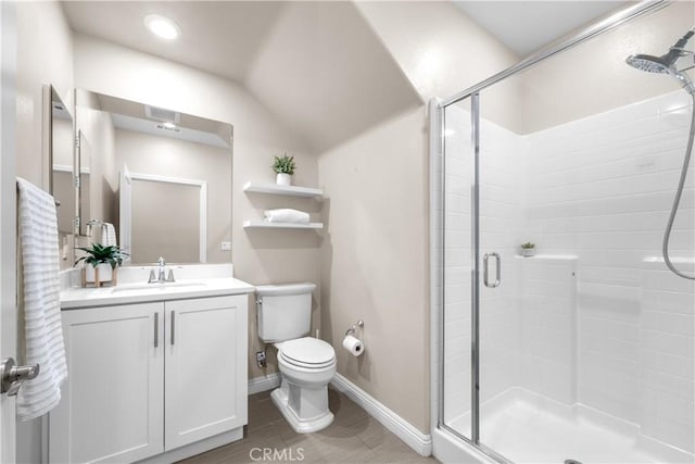20552 Galloway, Saugus, CA 91350 - full bathroom with a shower stall, vanity, vaulted ceiling, and wood finished floors
