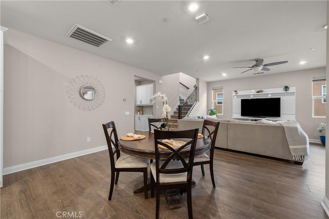 20552 Galloway, Saugus, CA 91350 - dining space featuring stairway, a ceiling fan, dark wood finished floors, and recessed lighting