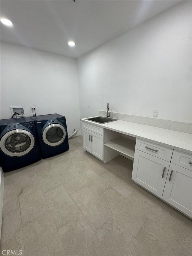 54889 Navajo Trl, Yucca Valley, CA 92284 - washroom with independent washer and dryer, recessed lighting, and cabinet space